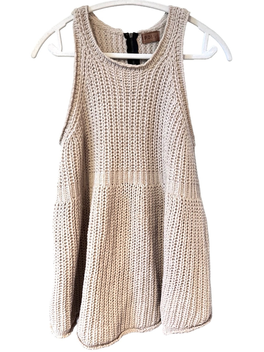POL Boho Sleeveless Swing Knit Oversized Tunic Sweater Cotton Blend Tan Sz M